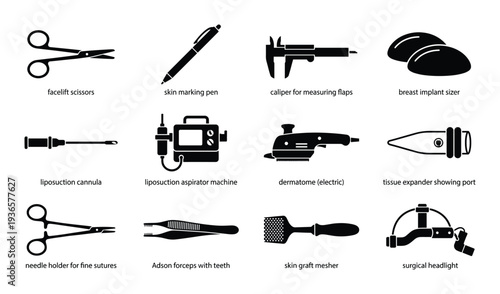 Plastic surgery tools vector line style scissors pen caliper and other instruments for operation