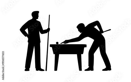 Two men playing billiards game on a pool table