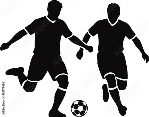 Soccer players kicking ball and running on checkered background sports activity concept