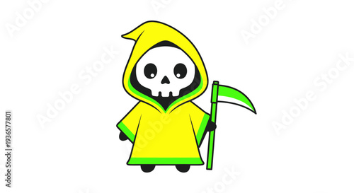 Cute Grim Reaper Cartoon Character Holding Scythe, Yellow Hooded Figure