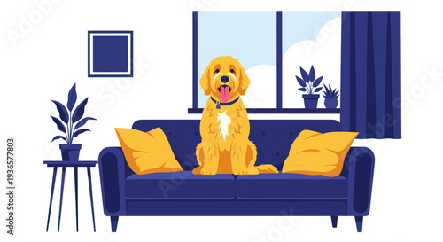 Happy Golden Retriever Dog Sitting on a Blue Sofa in a Modern Living Room