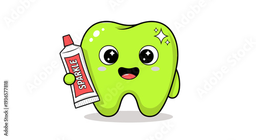 Happy Green Tooth Holding Sparkle Toothpaste - Dental Care Concept