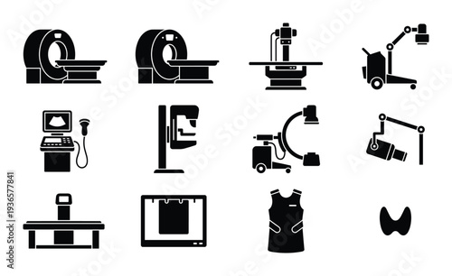 Radiology medical equipment of X ray machine, ct scanner and diagnostic instruments set vector design