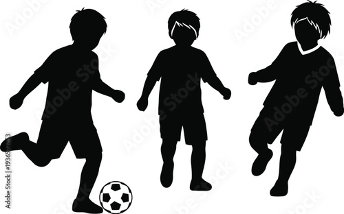 Children playing soccer silhouettes active kids kicking ball park outdoor