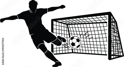 Soccer player kicking ball towards goal net sport action goal scoring silhouette