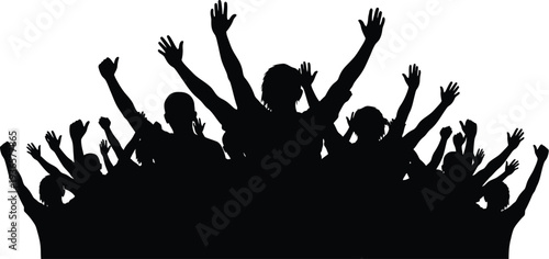 Silhouette crowd cheering at stadium with hands in air excitement energy celebration concert