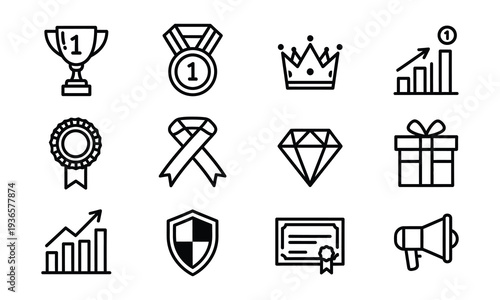 Collection of achievement and award icons in a simple line style