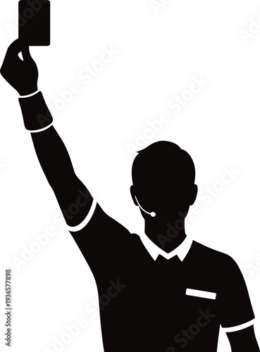 Referee silhouette holding up red card to dismiss player during professional football match