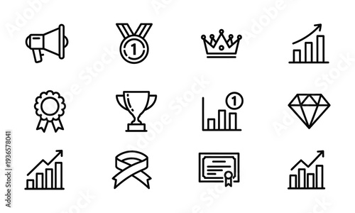 Collection of achievement and success icons in a simple line style