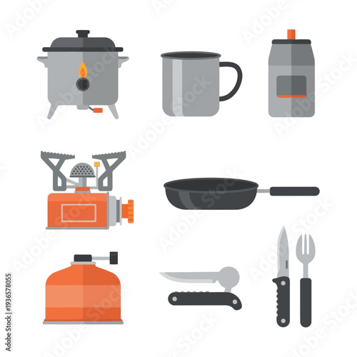 Camping equipment including cooking gear and utensils arranged neatly on a plain surface