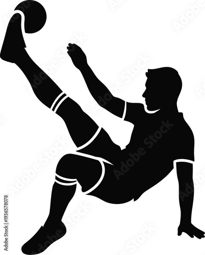 Soccer player performing overhead bicycle kick silhouette on transparent background showing advanced athletic skill and acrobatic movement