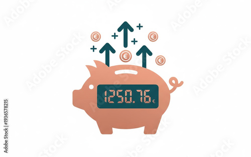 Coins and currency rising from a piggy bank with digital display showing savings amount, symbolizing financial growth and prosperity