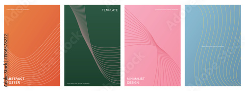 Set of four abstract posters with minimalist thin line curves and soft gradients in orange green pink and blue color themes