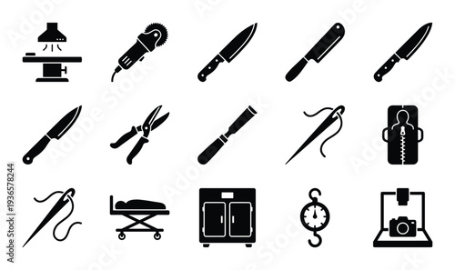 Set of sharp tools outline icon vector instrument equipment for surgery cutting woodwork household