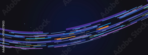 Dynamic abstract background with glowing blue and purple motion lines and sparks representing high speed data transfer and digital technology energy