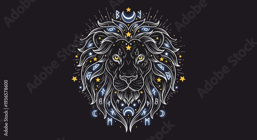 Mystical lion illustration with celestial symbols and stars
