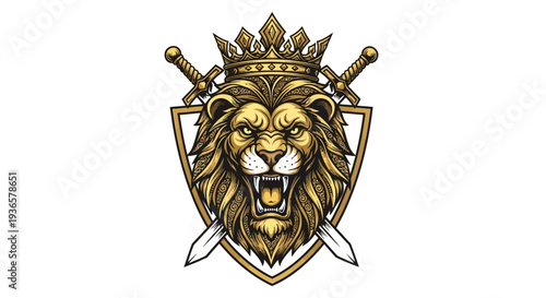 Majestic lion head with crown and swords on shield emblem