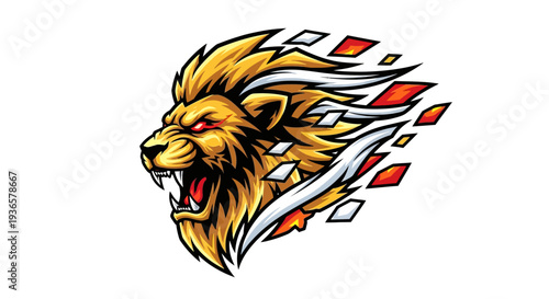 Fierce lion head with sharp teeth and red eyes surrounded by dynamic geometric shapes