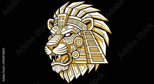 Stunning Aztec lion head in gold and white with fierce expression