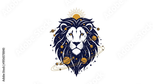 Majestic lion head with cosmic elements and planets orbiting around