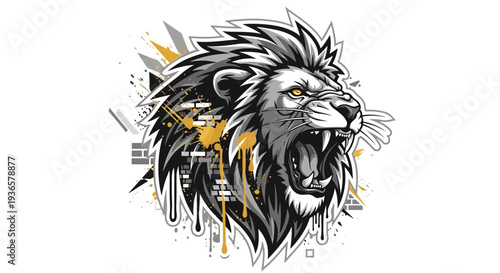 Fierce lion head with open mouth and sharp teeth in modern graffiti style