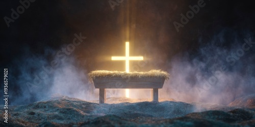 the empty manger shining with light, with smoke rising from inside and behind the cradle