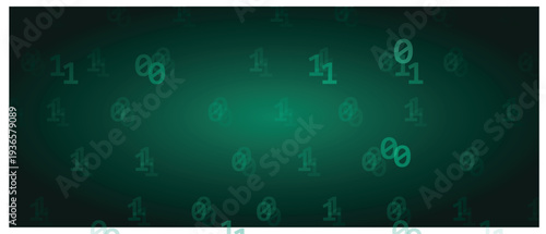 Abstract dark green background with scattered light green binary code numbers zero and one representing digital data and computer programming concepts