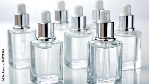 Clear glass cosmetic bottles with brushed aluminum dispensers