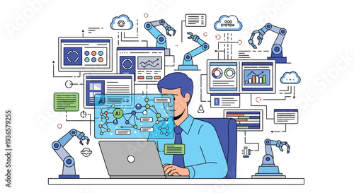 A person managing complex industrial automation and data systems with robotic arms and cloud integration.