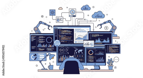 A person working with multiple computer screens displaying code, data analytics, and automation processes in a complex technological environment.