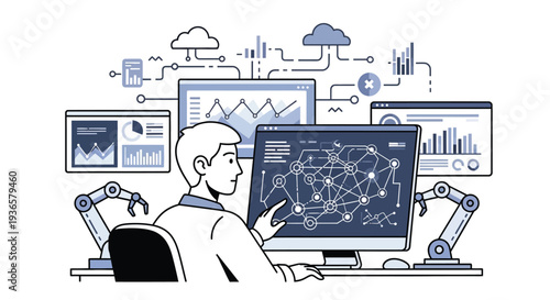 A person working with multiple screens displaying data, AI networks, and charts, surrounded by robotic arms and cloud computing infrastructure, representing advanced technology and data science.