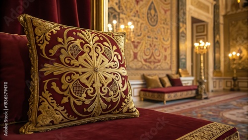 Ornate Gilded Embroidered Cushion in a Luxurious Interior