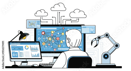Person working on a computer with data visualization, cloud computing, and a robotic arm, illustrating AI and automation.