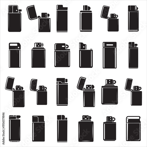 Lighter Icon Vector Set Black Silhouette Cigarette  Gas Lighter