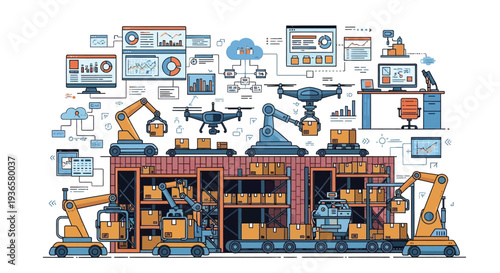 An intricate illustration of a modern automated smart factory and warehouse, showcasing robotics, drones, cloud computing, and data analytics for efficient industrial logistics and production.