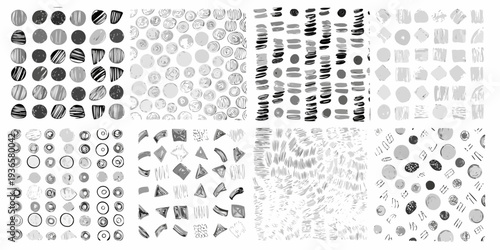 Collection of diverse abstract brushstroke shapes in grayscale tones