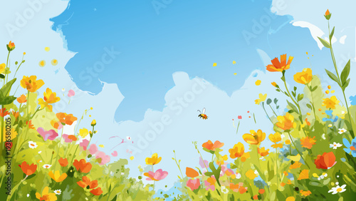 A vibrant field of wildflowers blooms beneath a bright blue sky