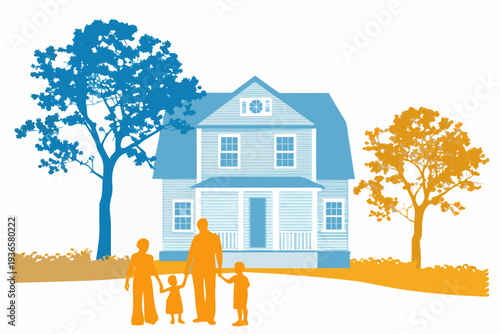 A stylized illustration depicts a family in front of a blue house