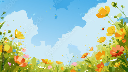 A vibrant spring scene with colorful flowers and a bright blue sky