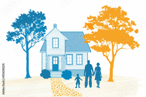 A stylized illustration depicts a house trees and a family outside