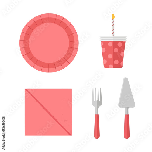 Celebratory party setup with plate, cup, napkin, fork, and spatula arranged neatly, illustration, vibrant colors