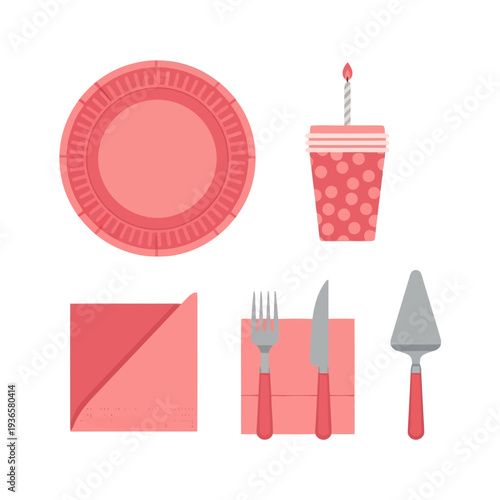Celebration table setting with plate, utensils, napkin, cup, and cake server on a festive occasion viewed from directly above