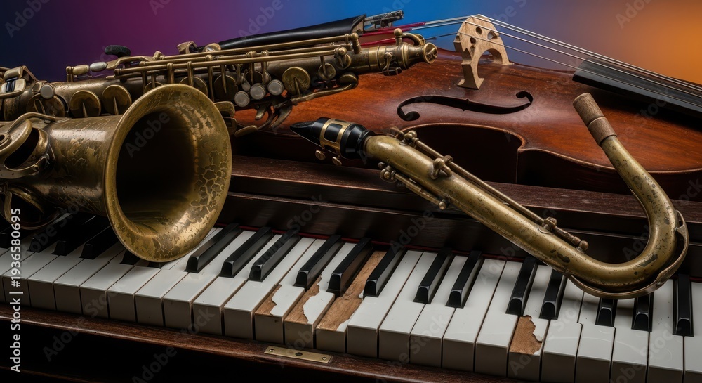 Obraz premium Intense abstract view of vintage musical instruments illuminated by atmospheric light, conveying the soulful rhythm and spontaneous energy of improvisation, nightlife, improvisation, abstract