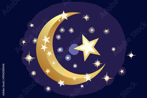 A golden crescent moon and stars shine brightly against a dark sky