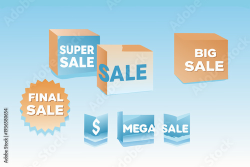 Colorful boxes display various sale promotions and discount offers