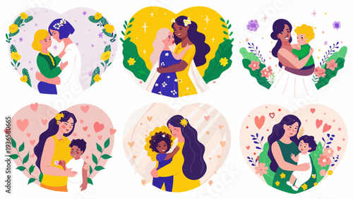 Diverse mothers and children sharing loving embraces within heart shaped frames