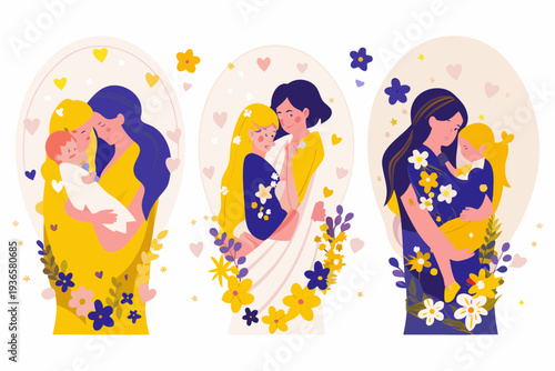 Motherhood three illustrations depicting loving embraces between mothers and children