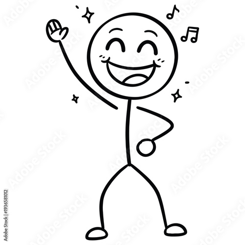 A stick figure dancing with joy and music notes around it
