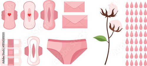 Feminine Hygiene Products Set with Sanitary Pads, Panties, Menstrual Blood Drops and Cotton Flower Vector Illustration on White Background