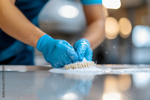 A person wearing blue gloves carefully cleans a surface with a brush and soapy water
